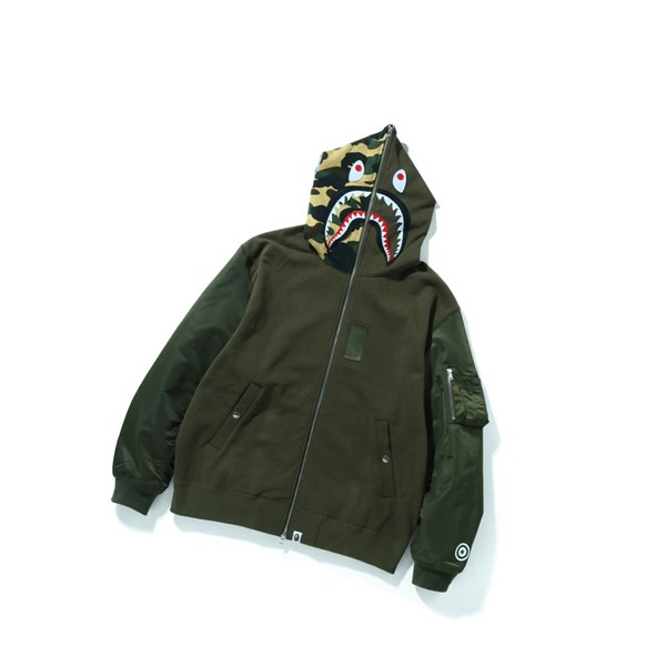 Army Green A BATHING APE Military Shark Relaxed Fit Full Zip Throughs Men's Hoodie | WQ0678524