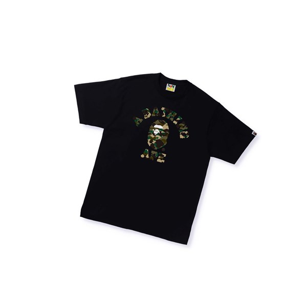 Black A BATHING APE 1st Camo Crazy College Tee Short Sleeve Men's T Shirts | RI7086549