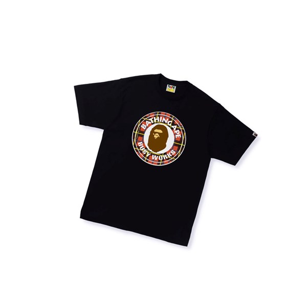 Black A BATHING APE Bape Logo Check Busy Works Tee Short Sleeve Men's T Shirts | SK5321479