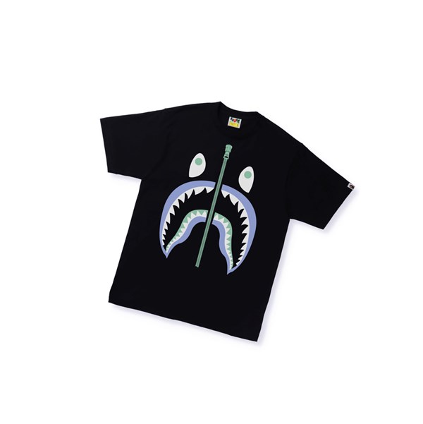 Black A BATHING APE Text Code Camo Shark Tee Short Sleeve Men's T Shirts | LE3420986