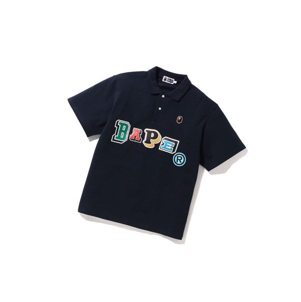 Navy Blue A BATHING APE Multi Fonts Relaxed Fit Short Sleeve Men's Polo | NY1082476