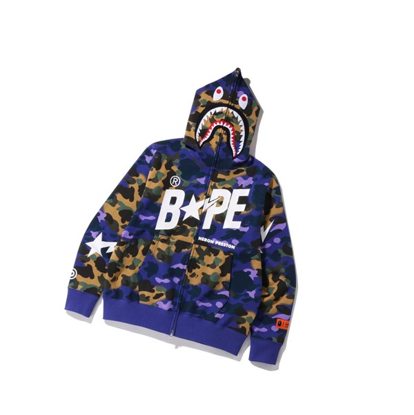 Purple A BATHING APE X Heron Preston Mix 1st Camo Shark Relaxed Full Zip Throughs Men's Hoodie | TR5863492