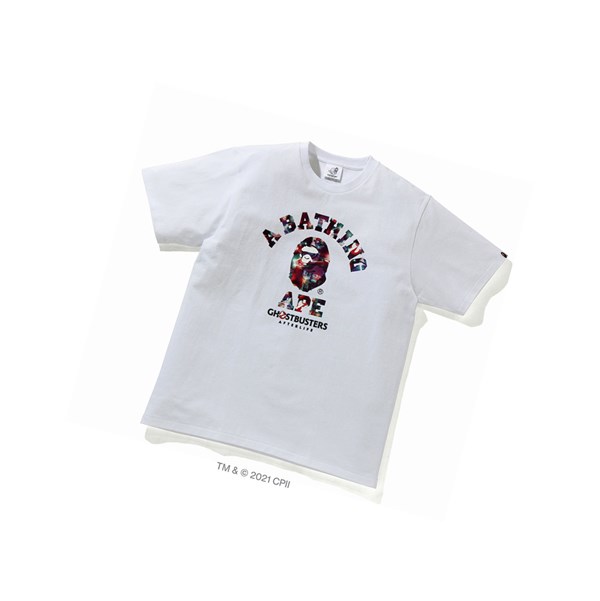 White A BATHING APE X Ghostbusters Camo College Tee Short Sleeve Men's T Shirts | LS5630478