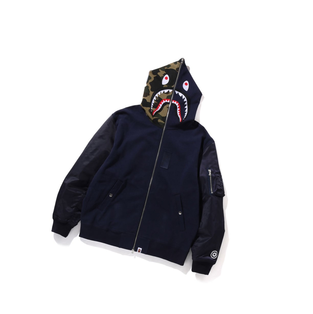 Navy Blue A BATHING APE Military Shark Relaxed Fit Full Zip Throughs Men\'s Hoodie | MW9560248