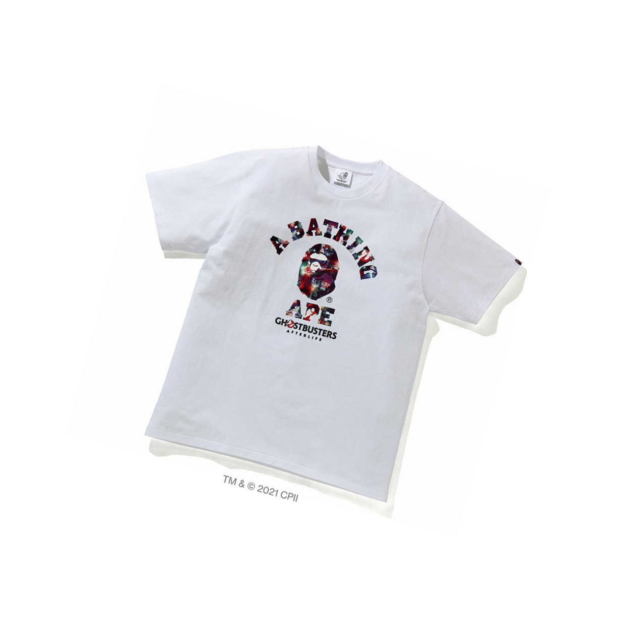 White A BATHING APE X Ghostbusters Camo College Tee Short Sleeve Men\'s T Shirts | LS5630478